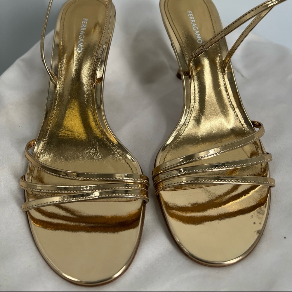 Ferragamo Women's Open Toe Denise Ankle Gold High Heels Sandals US Size 9